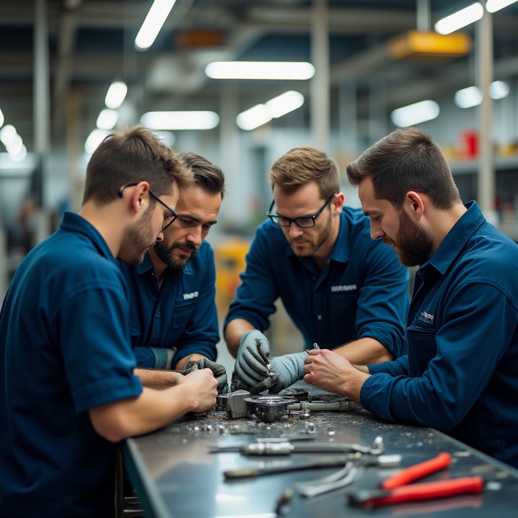 Mecánicos trabajando con herramientas de precisión